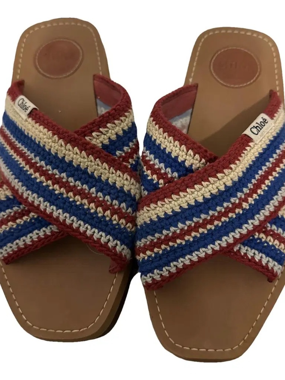 Chloé Red, Blue & Cream Crochet Crossband Slide Sandals